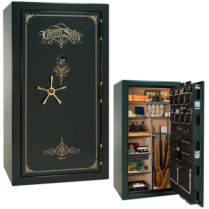 Liberty Magnum 40 gun safe in Emerald Green gloss finish with brass hardware and premium interior.