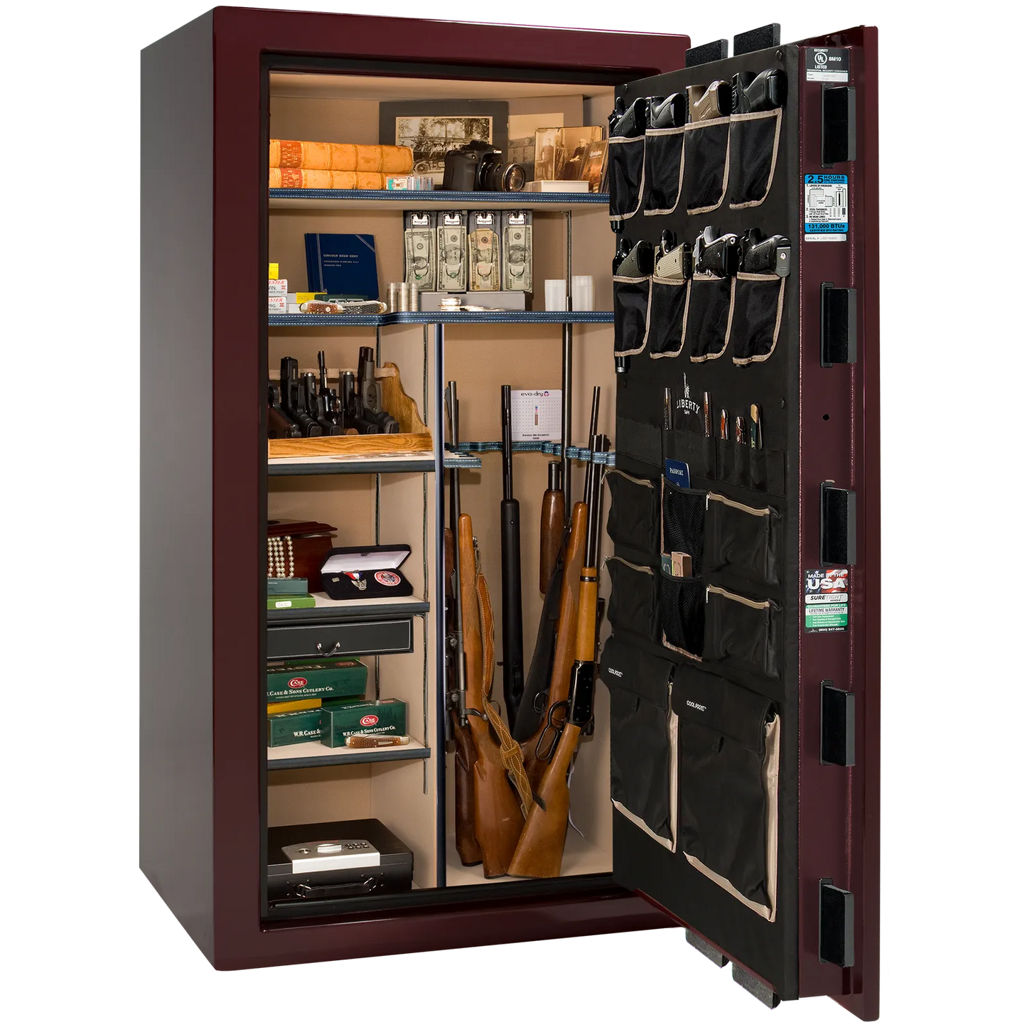 Premium interior of the Liberty Magnum 40 gun safe paired with the Burgundy gloss finish, featuring adjustable shelving, door organizer, long gun storage, and deluxe interior configuration.