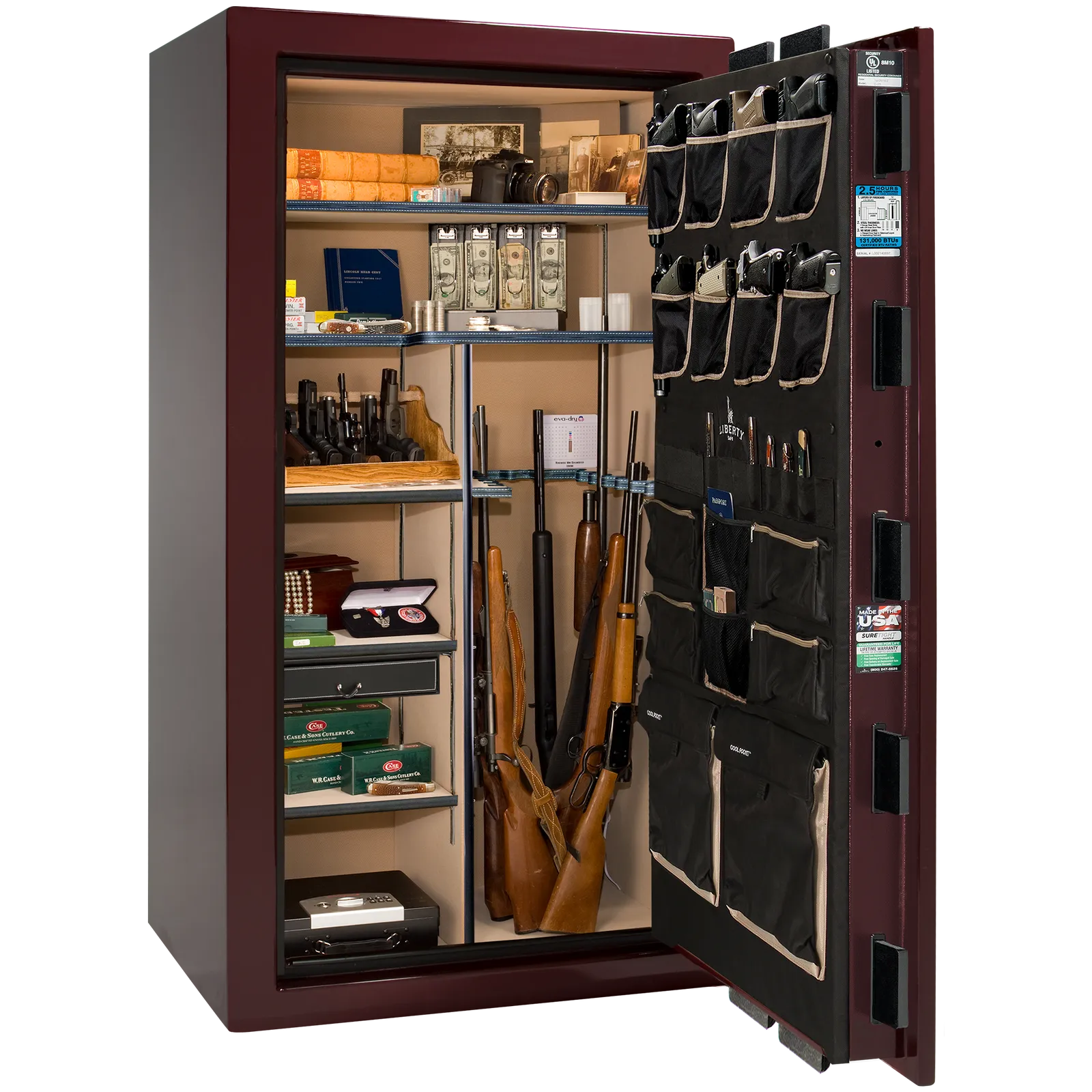 Premium interior of the Liberty Magnum 40 gun safe paired with the Burgundy gloss finish, featuring adjustable shelving, door organizer, long gun storage, and deluxe interior configuration.