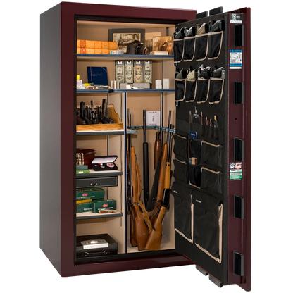 Premium interior of the Liberty Magnum 40 gun safe paired with the Burgundy gloss finish, featuring adjustable shelving, door organizer, long gun storage, and deluxe interior configuration.