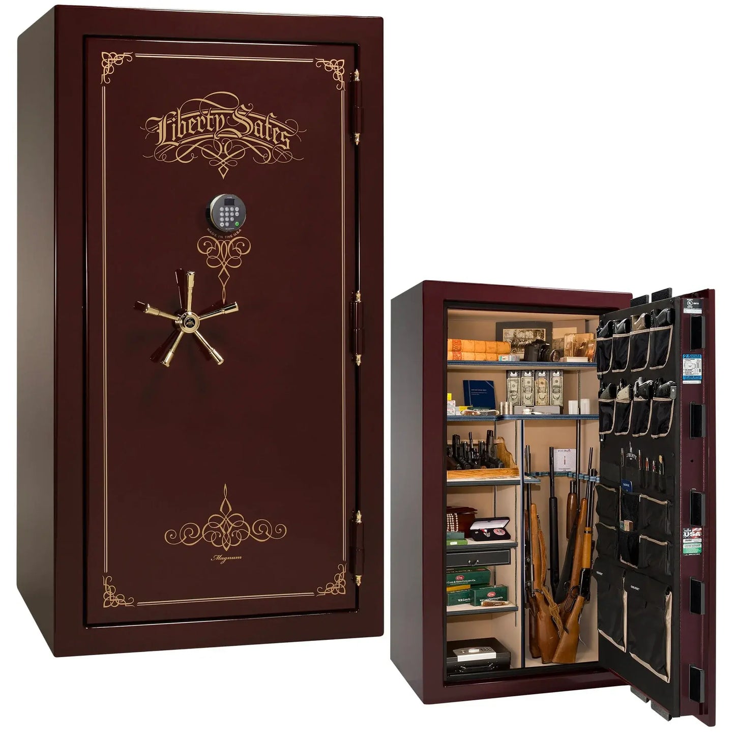 Liberty Magnum 40 gun safe in Burgundy gloss finish with brass hardware and premium interior.