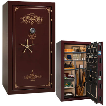 Liberty Magnum 40 gun safe in Burgundy gloss finish with brass hardware and premium interior.