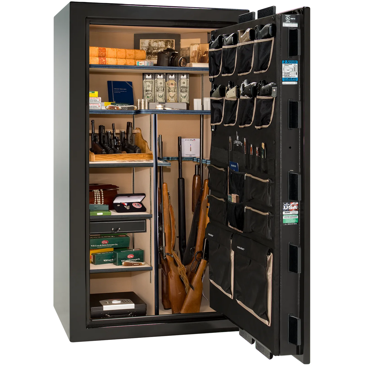 Premium interior of the Liberty Magnum 40 gun safe paired with the Black Mirror gloss finish, featuring adjustable shelving, door organizer, long gun storage, and deluxe interior configuration.