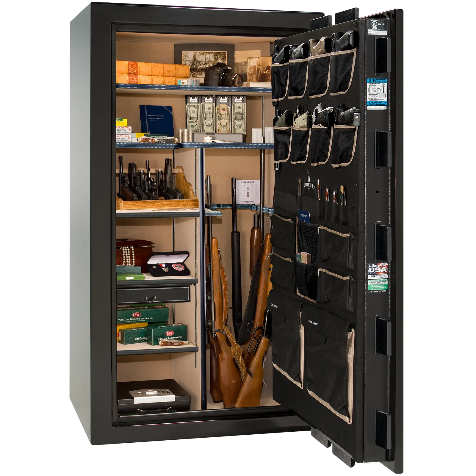 Premium interior of the Liberty Magnum 40 gun safe paired with the Black Mirror gloss finish, featuring adjustable shelving, door organizer, long gun storage, and deluxe interior configuration.