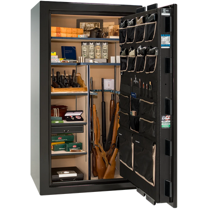 Premium interior of the Liberty Magnum 40 gun safe paired with the Black Mirror gloss finish, featuring adjustable shelving, door organizer, long gun storage, and deluxe interior configuration.