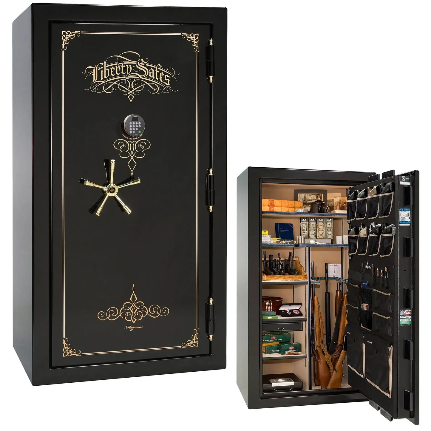 Liberty Magnum 40 gun safe in Black Mirror gloss finish with brass hardware and premium interior.