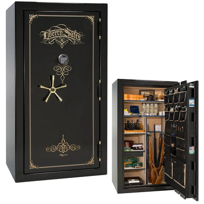 Liberty Magnum 40 gun safe in Black Mirror gloss finish with brass hardware and premium interior.