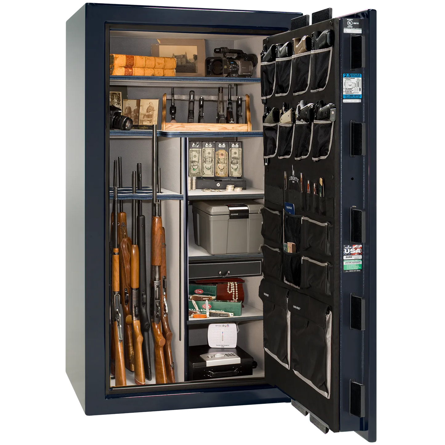 Premium interior of the Liberty Magnum 40 gun safe paired with the Blue gloss finish, featuring adjustable shelving, door organizer, long gun storage, and deluxe interior configuration.