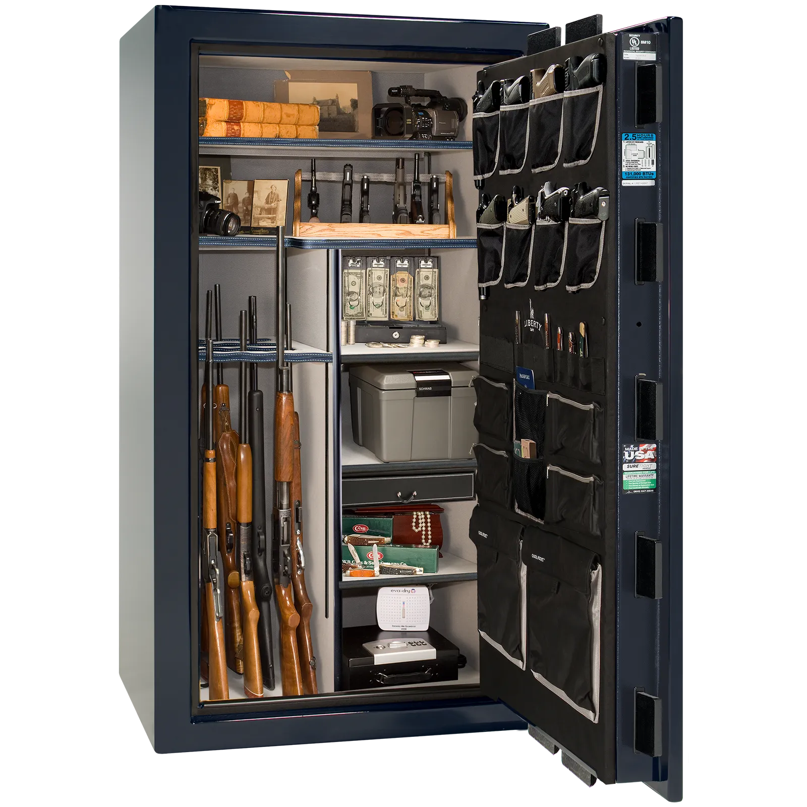 Premium interior of the Liberty Magnum 40 gun safe paired with the Blue gloss finish, featuring adjustable shelving, door organizer, long gun storage, and deluxe interior configuration.