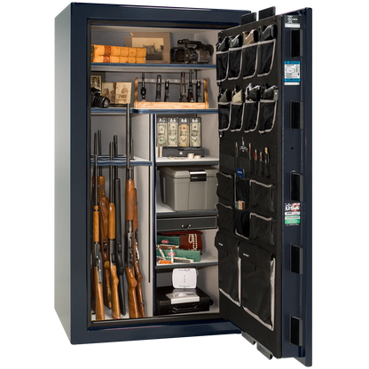 Premium interior of the Liberty Magnum 40 gun safe paired with the Blue gloss finish, featuring adjustable shelving, door organizer, long gun storage, and deluxe interior configuration.