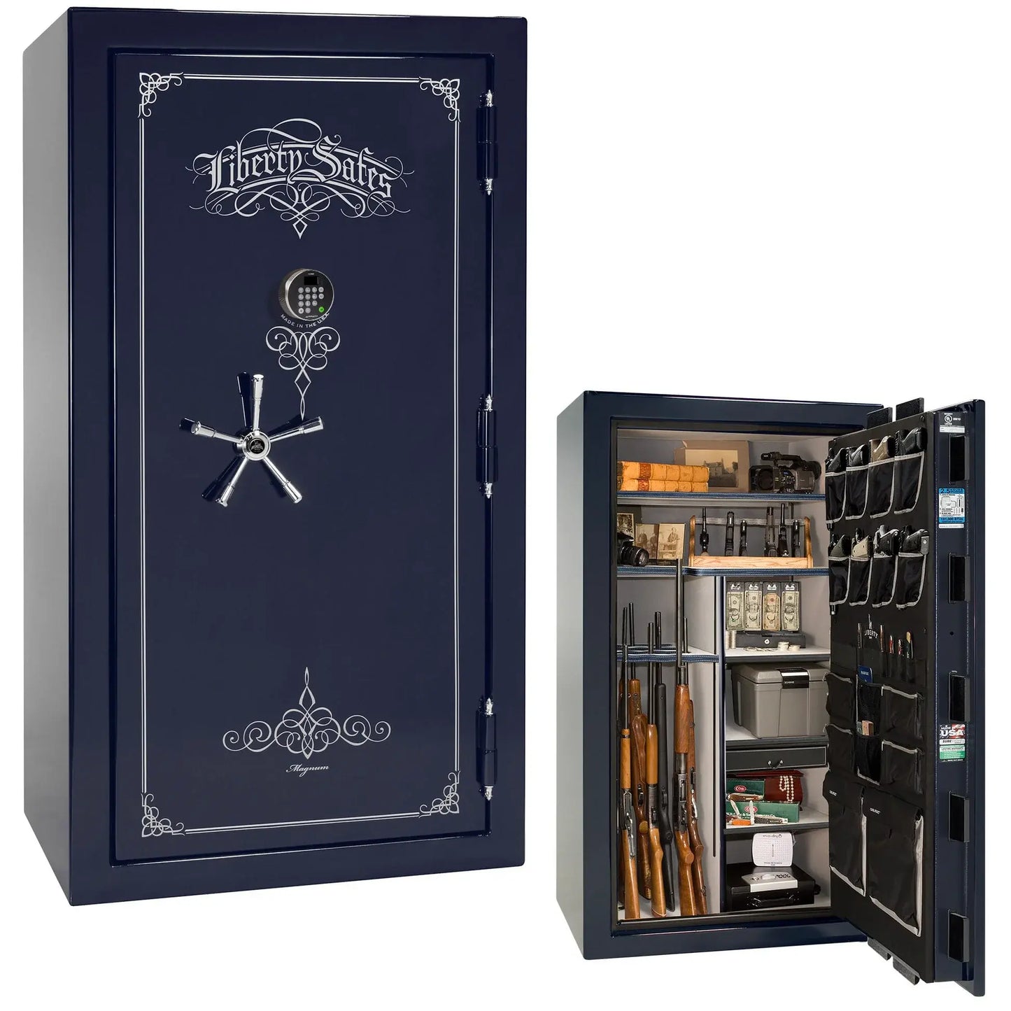 Liberty Magnum 40 gun safe in Blue gloss finish with chrome hardware and premium interior.