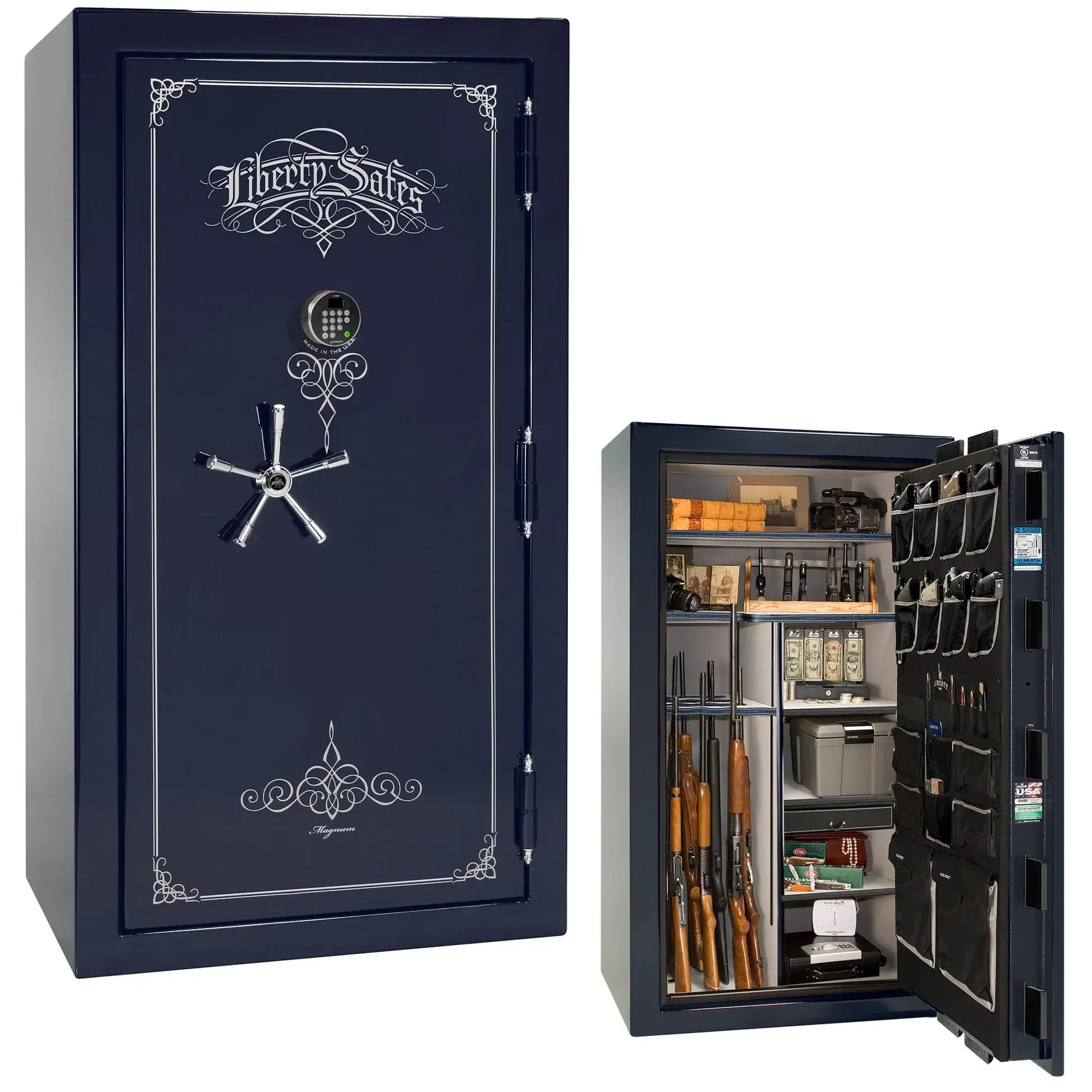 Liberty Magnum 40 gun safe in Blue gloss finish with chrome hardware and premium interior.