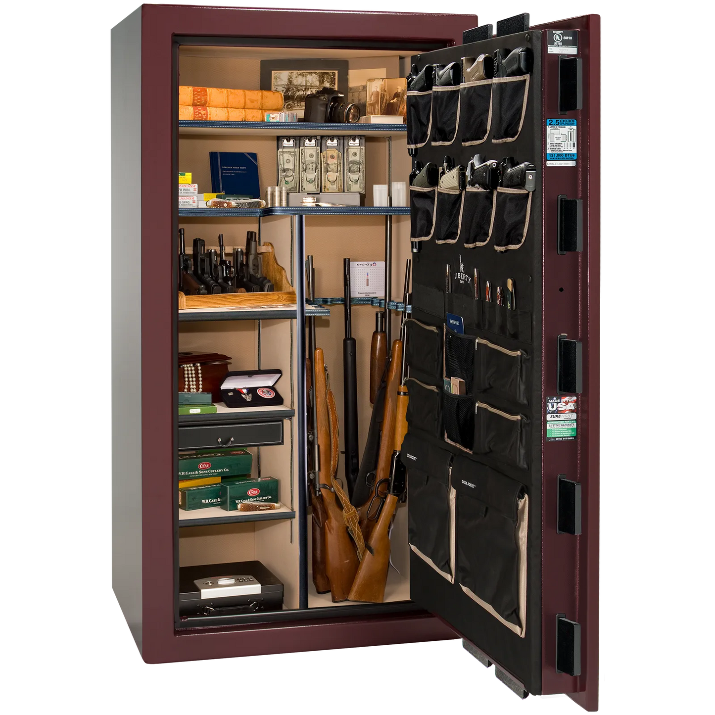 Premium interior of the Liberty Magnum 40 gun safe paired with the Burgundy marble finish, featuring adjustable shelving, door organizer, long gun storage, and deluxe interior configuration.