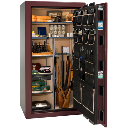 Premium interior of the Liberty Magnum 40 gun safe paired with the Burgundy marble finish, featuring adjustable shelving, door organizer, long gun storage, and deluxe interior configuration.