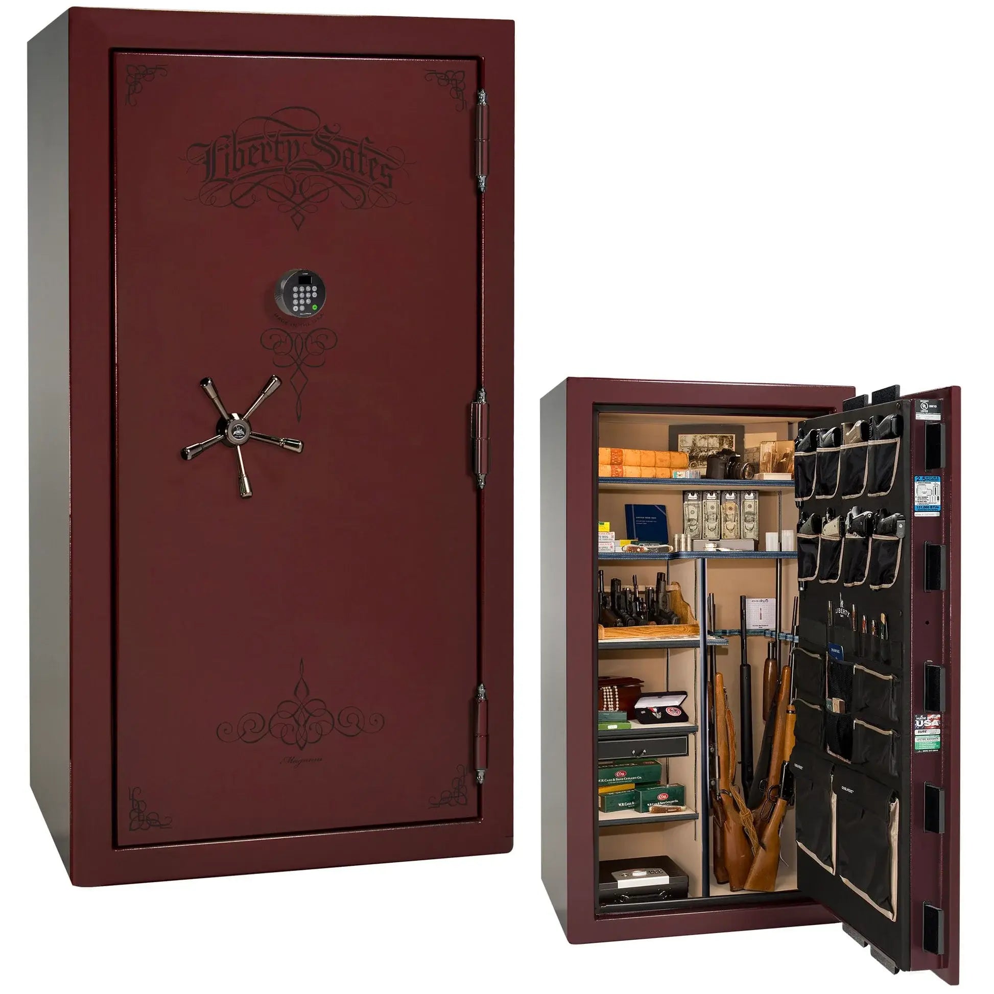Liberty Magnum 40 gun safe in Burgundy marble finish with black chrome hardware and premium interior.