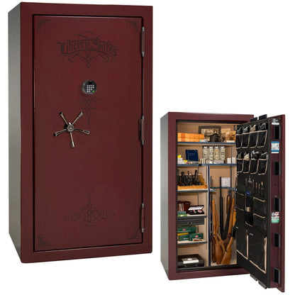 Liberty Magnum 40 gun safe in Burgundy marble finish with black chrome hardware and premium interior.
