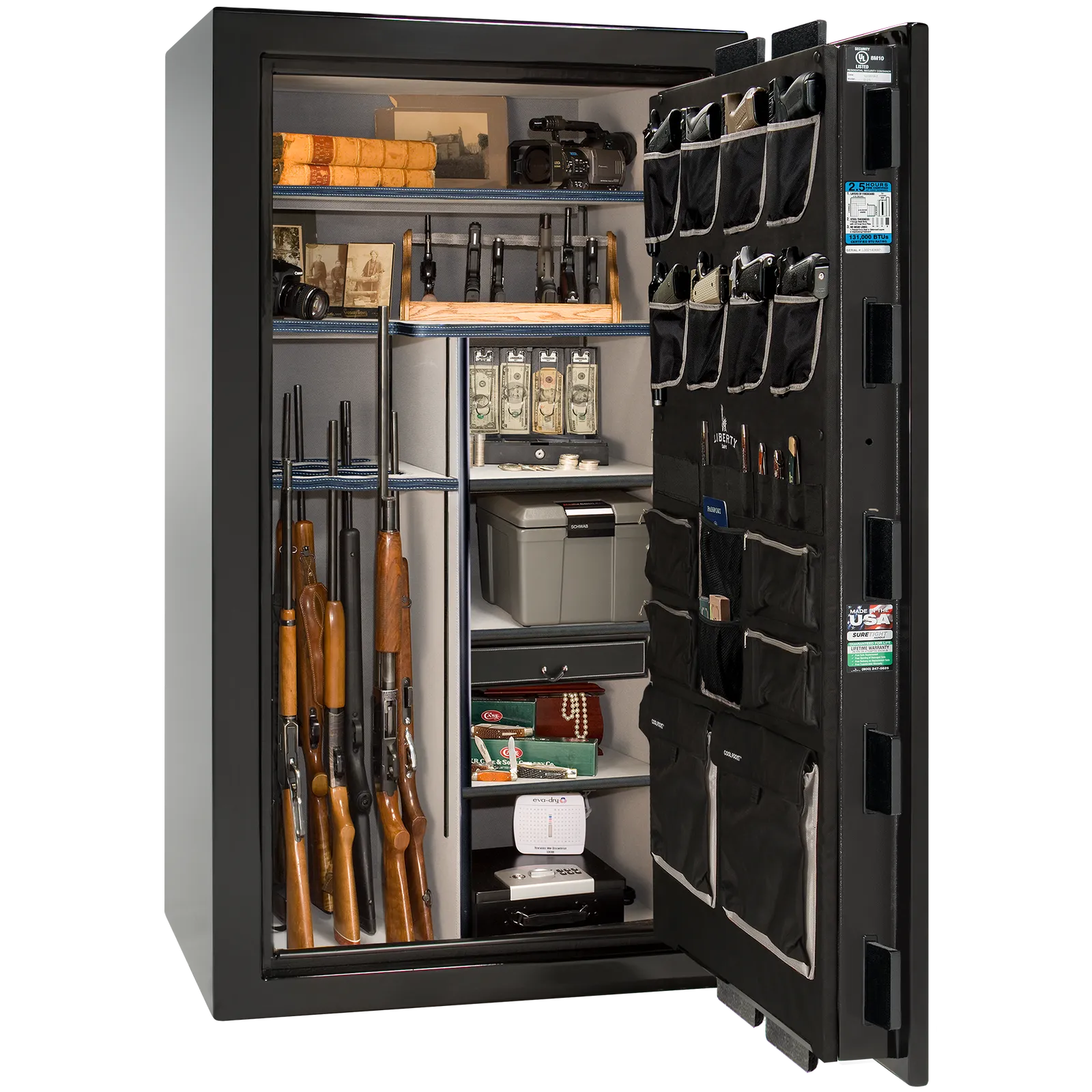 Premium interior of the Liberty Magnum 40 gun safe paired with the Black Mirror gloss finish, featuring adjustable shelving, door organizer, long gun storage, and deluxe interior configuration.
