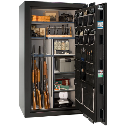 Premium interior of the Liberty Magnum 40 gun safe paired with the Black Mirror gloss finish, featuring adjustable shelving, door organizer, long gun storage, and deluxe interior configuration.