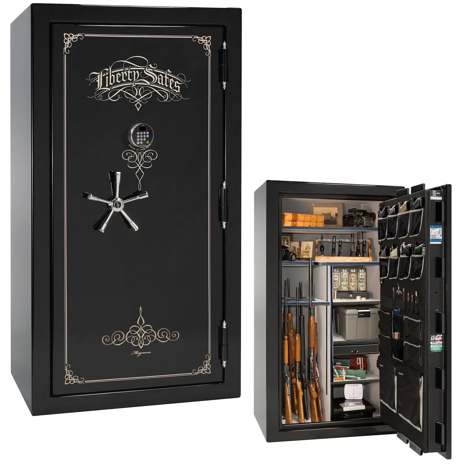 Liberty Magnum 40 gun safe in Black Mirror gloss finish with chrome hardware and premium interior.