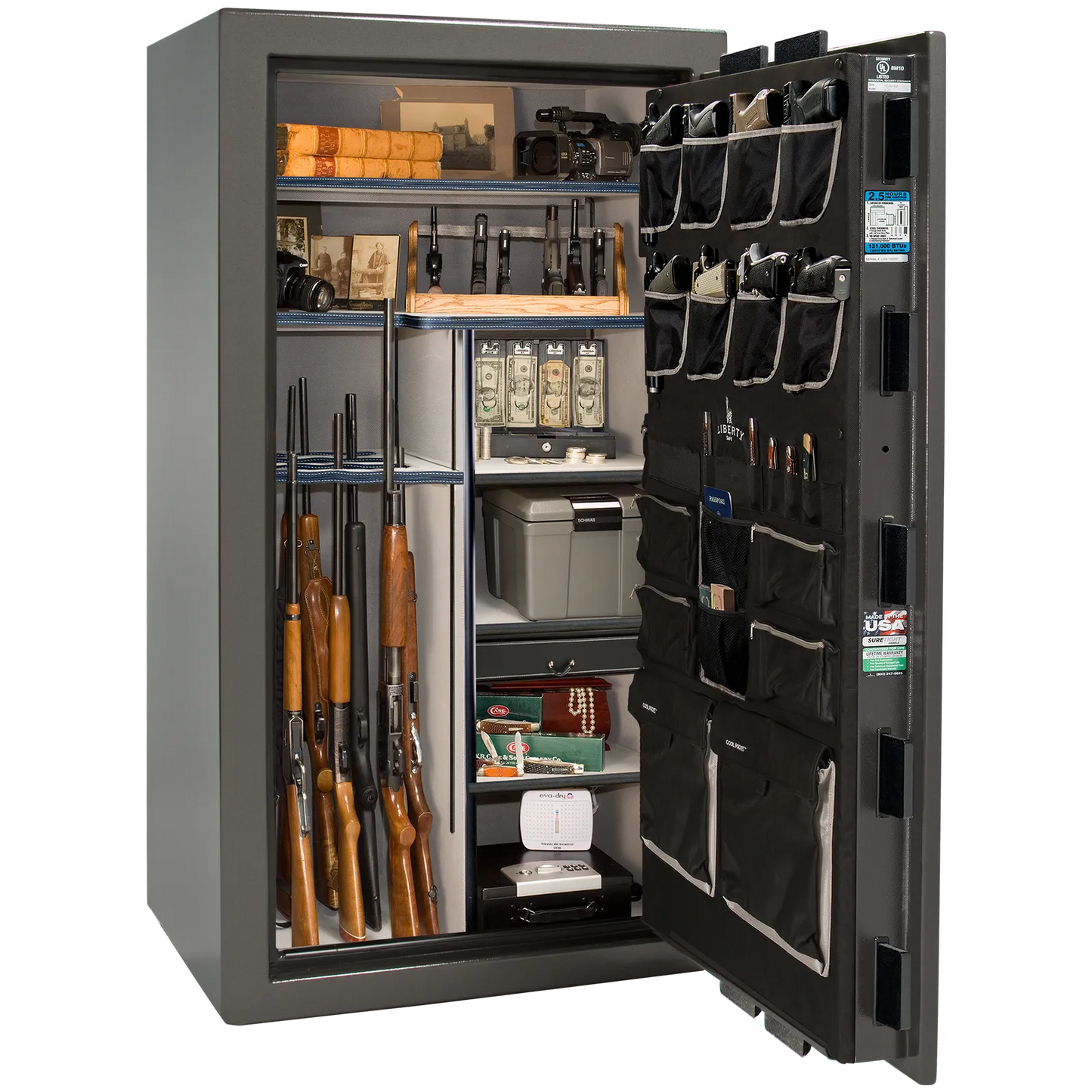 Premium interior of the Liberty Magnum 40 gun safe paired with the Gray marble finish, featuring adjustable shelving, door organizer, long gun storage, and deluxe interior configuration.