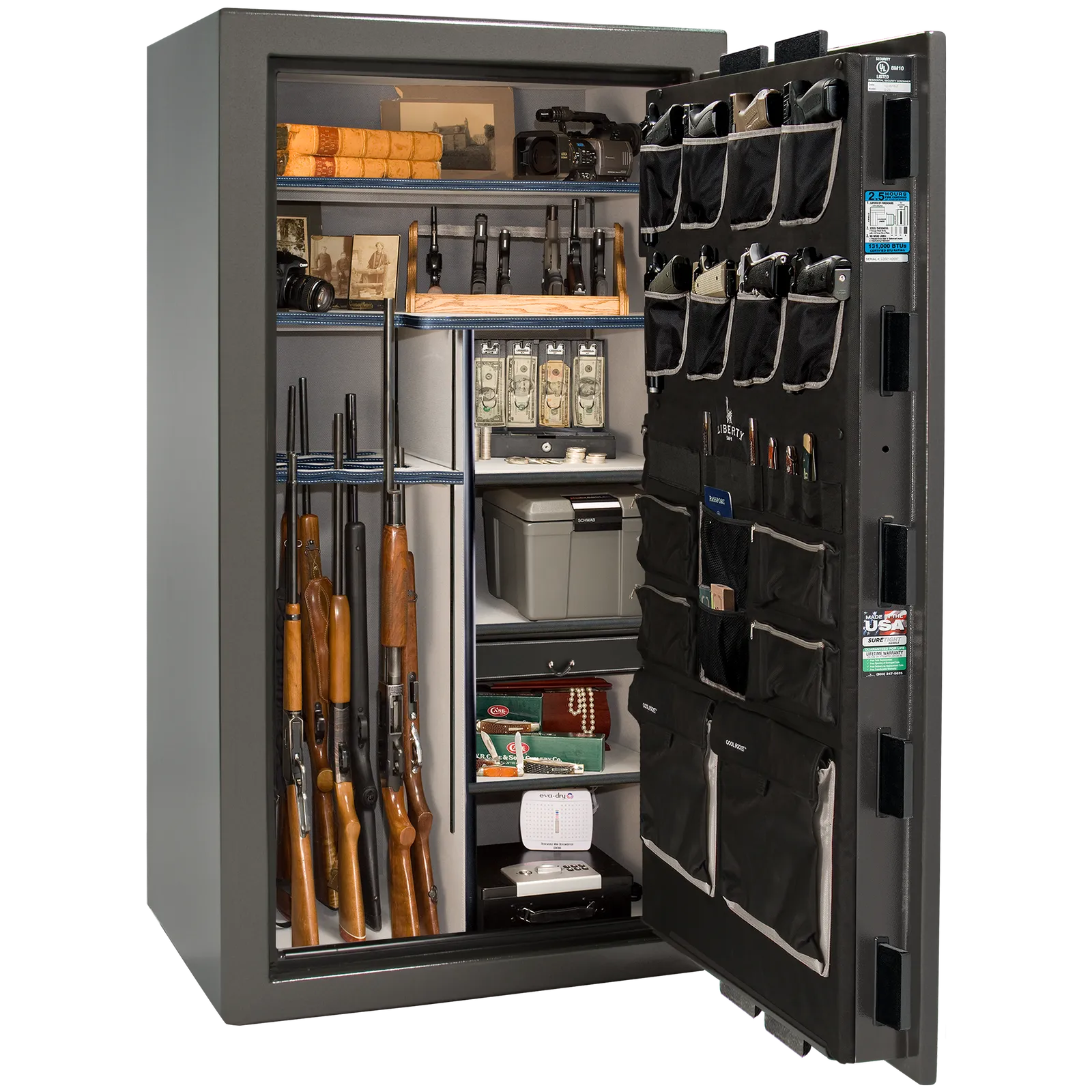 Premium interior of the Liberty Magnum 40 gun safe paired with the Gray marble finish, featuring adjustable shelving, door organizer, long gun storage, and deluxe interior configuration.