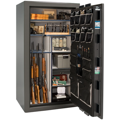 Premium interior of the Liberty Magnum 40 gun safe paired with the Gray marble finish, featuring adjustable shelving, door organizer, long gun storage, and deluxe interior configuration.