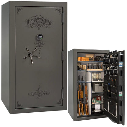 Liberty Magnum 40 gun safe in Gray marble finish with black chrome hardware and premium interior.