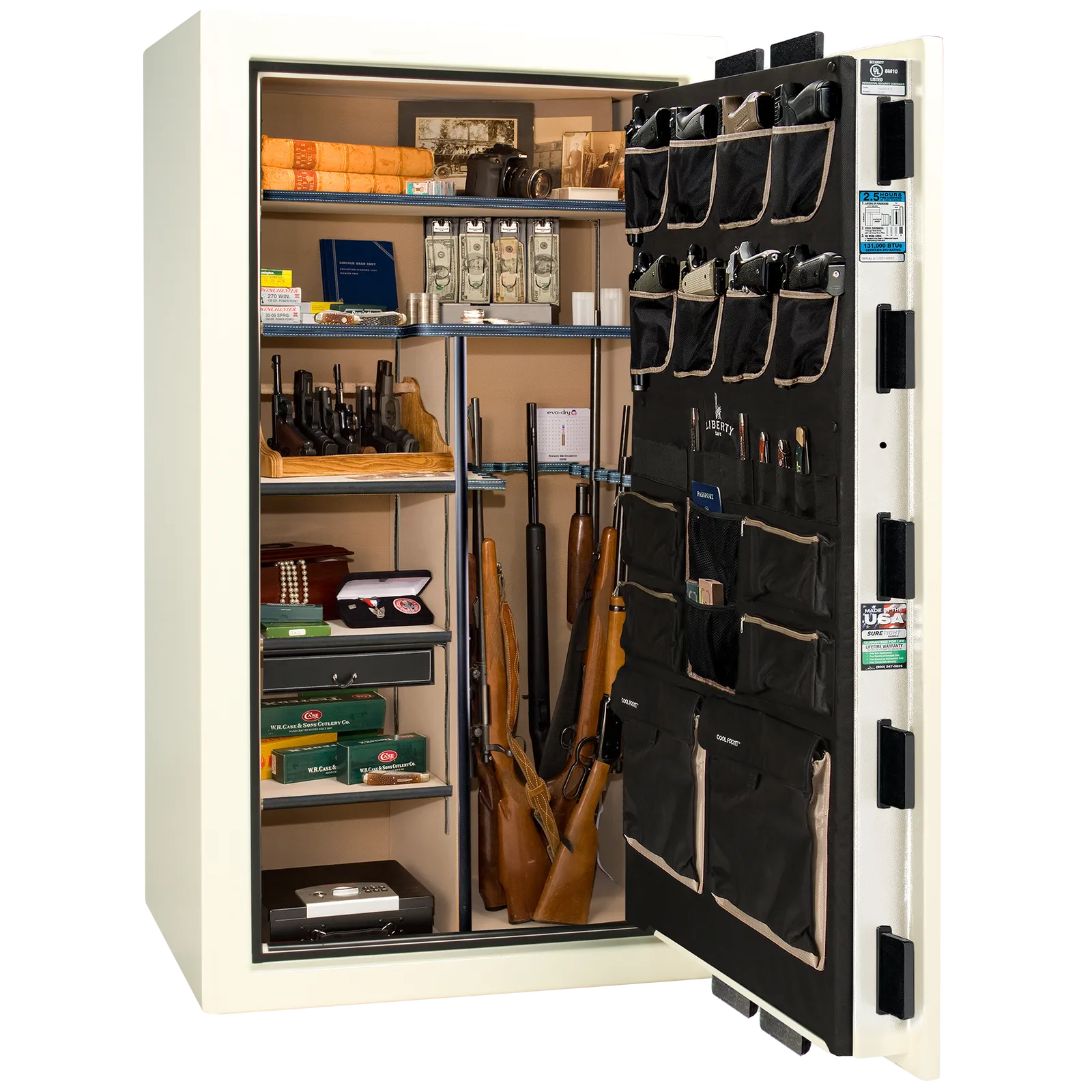 Premium interior of the Liberty Magnum 40 gun safe paired with the White marble finish, featuring adjustable shelving, door organizer, long gun storage, and deluxe interior configuration.