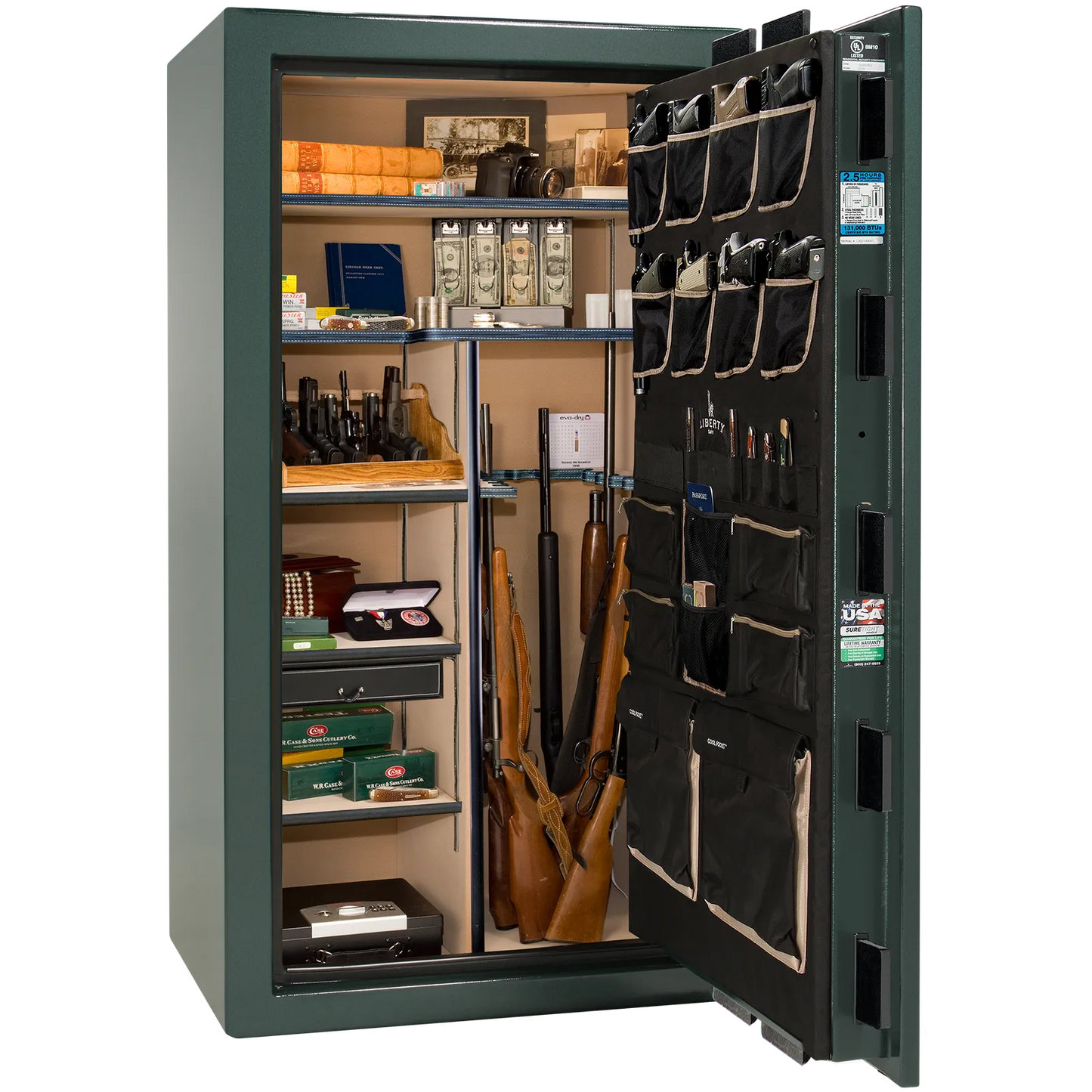 Premium interior of the Liberty Magnum 40 gun safe paired with the Green marble finish, featuring adjustable shelving, door organizer, long gun storage, and deluxe interior configuration.