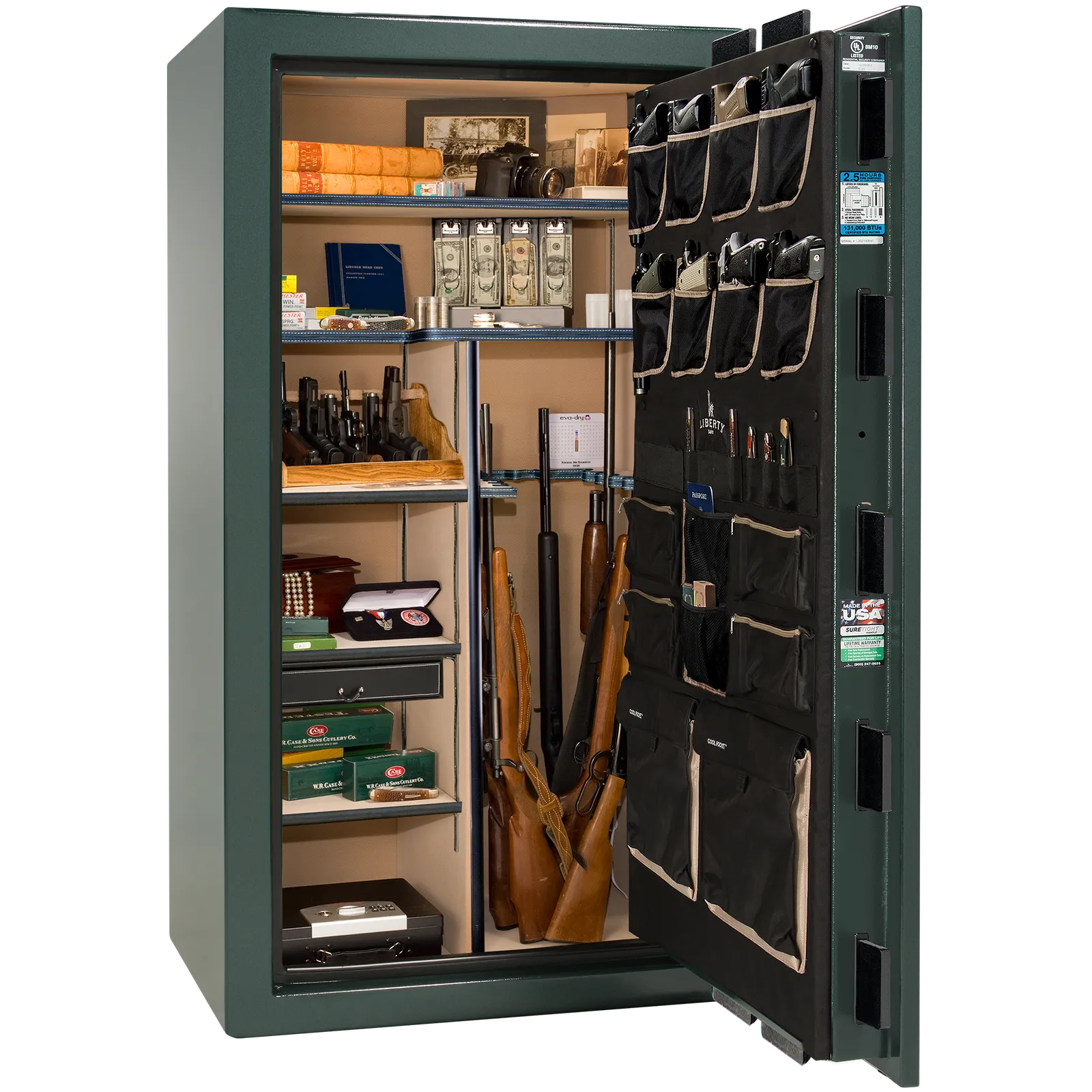Premium interior of the Liberty Magnum 40 gun safe paired with the Green marble finish, featuring adjustable shelving, door organizer, long gun storage, and deluxe interior configuration.