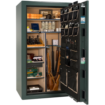 Premium interior of the Liberty Magnum 40 gun safe paired with the Green marble finish, featuring adjustable shelving, door organizer, long gun storage, and deluxe interior configuration.