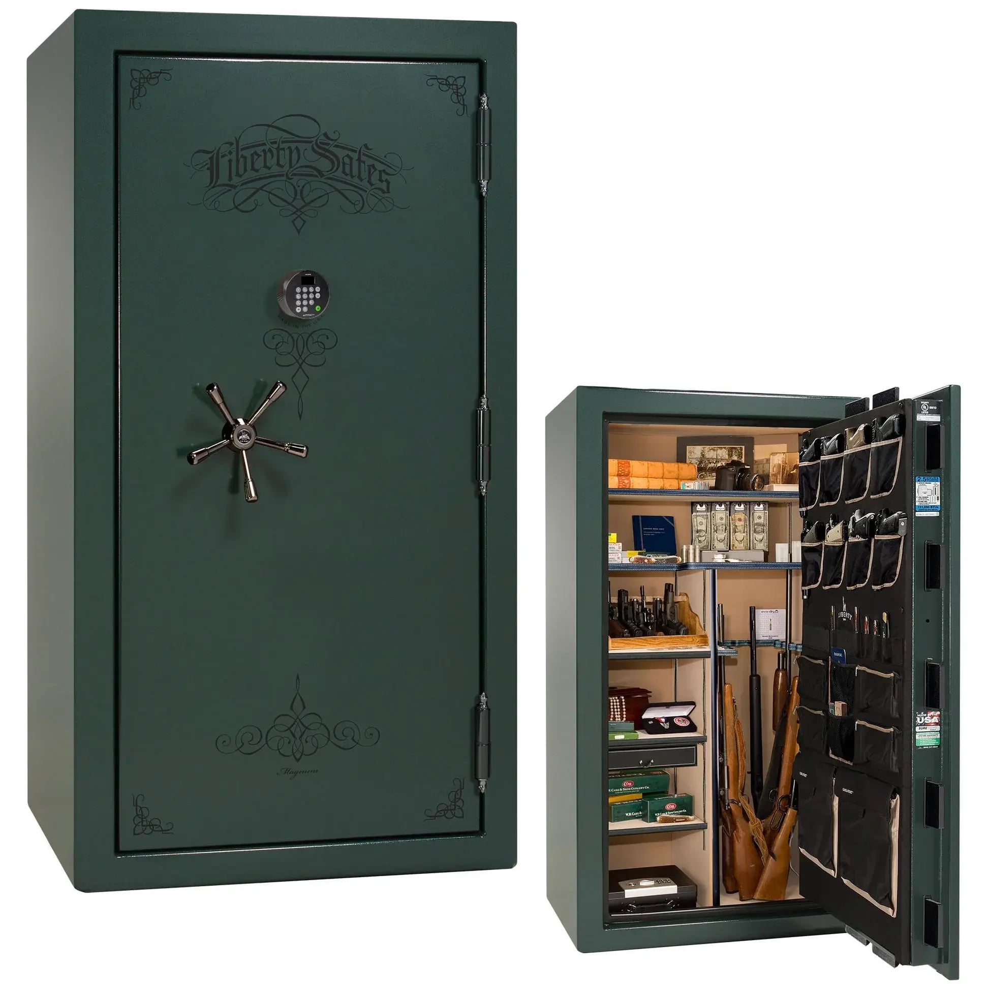 Liberty Magnum 40 gun safe in Green marble finish with black chrome hardware and premium interior.