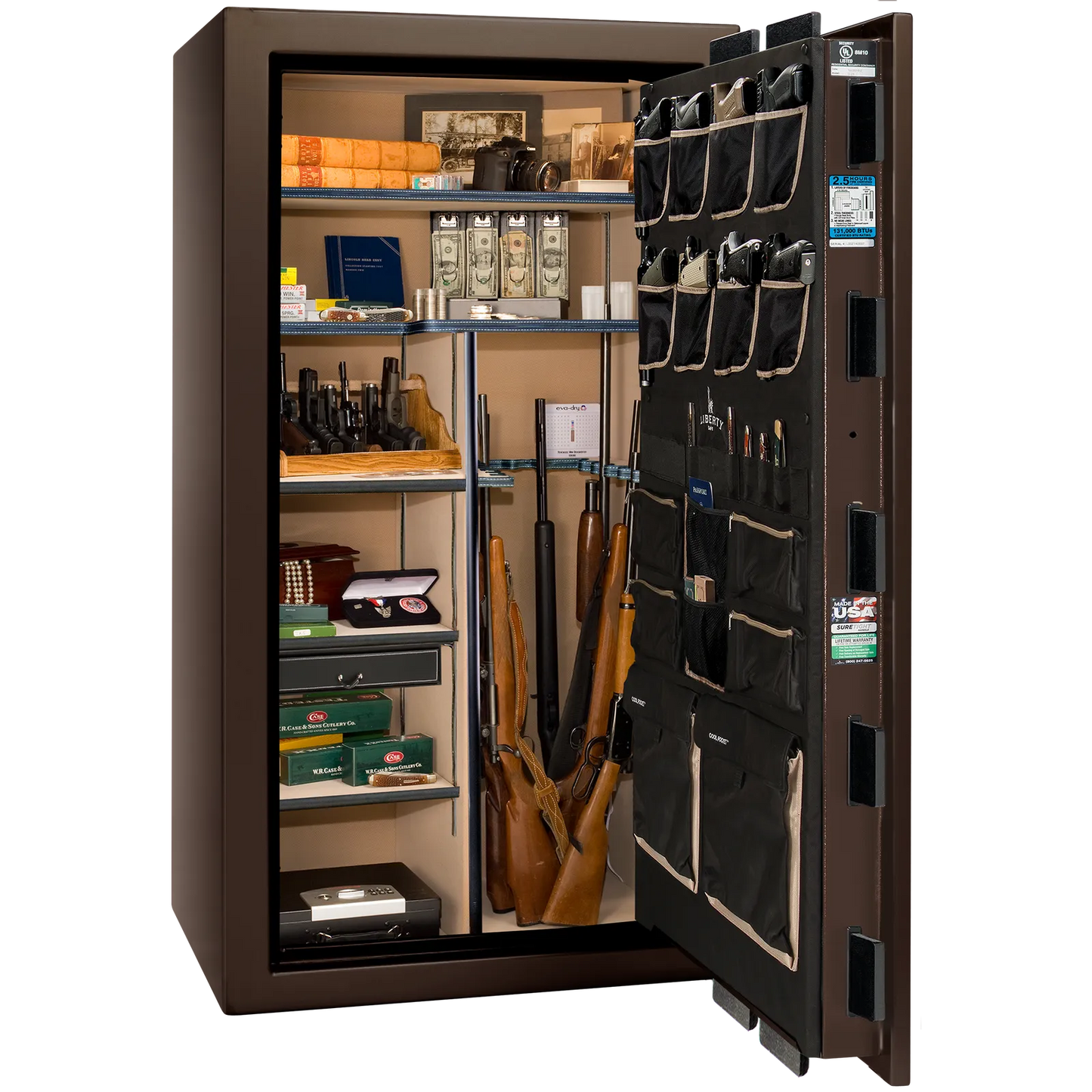 Premium interior of the Liberty Magnum 40 gun safe paired with the Bronze gloss finish, featuring adjustable shelving, door organizer, long gun storage, and deluxe interior configuration.
