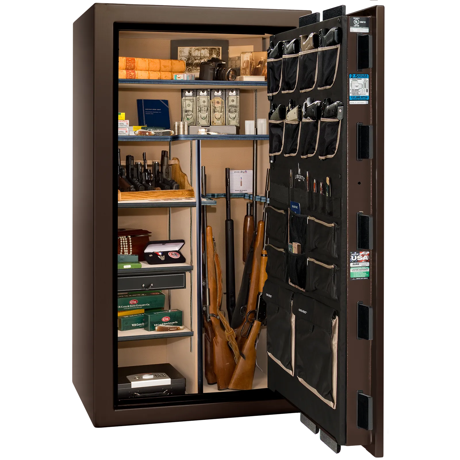 Premium interior of the Liberty Magnum 40 gun safe paired with the Bronze gloss finish, featuring adjustable shelving, door organizer, long gun storage, and deluxe interior configuration.