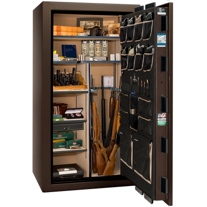 Premium interior of the Liberty Magnum 40 gun safe paired with the Bronze gloss finish, featuring adjustable shelving, door organizer, long gun storage, and deluxe interior configuration.