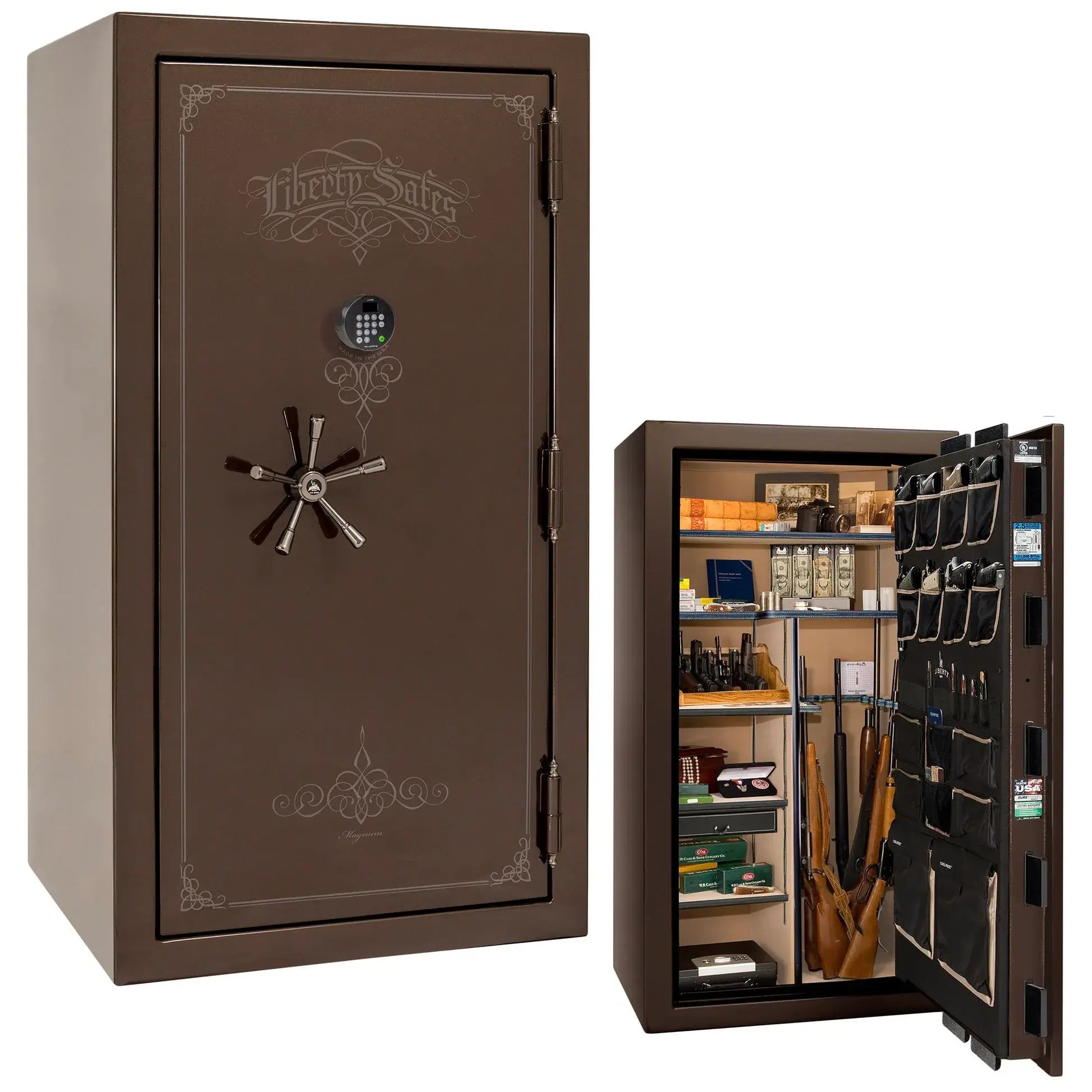 Liberty Magnum 40 gun safe in Bronze gloss finish with black chrome hardware and premium interior.