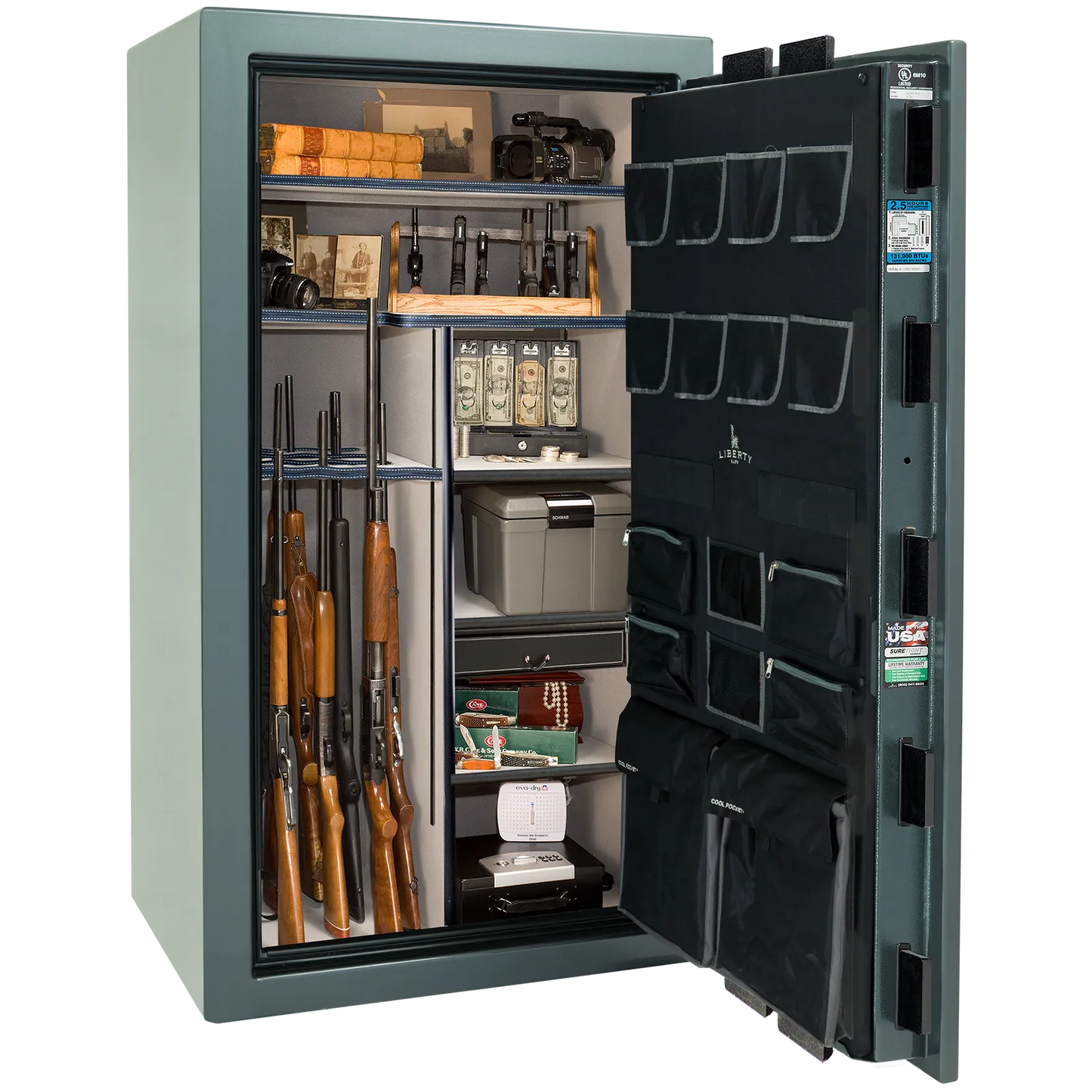 Premium interior of the Liberty Magnum 40 gun safe paired with the Forest Mist gloss finish, featuring adjustable shelving, door organizer, long gun storage, and deluxe interior configuration.