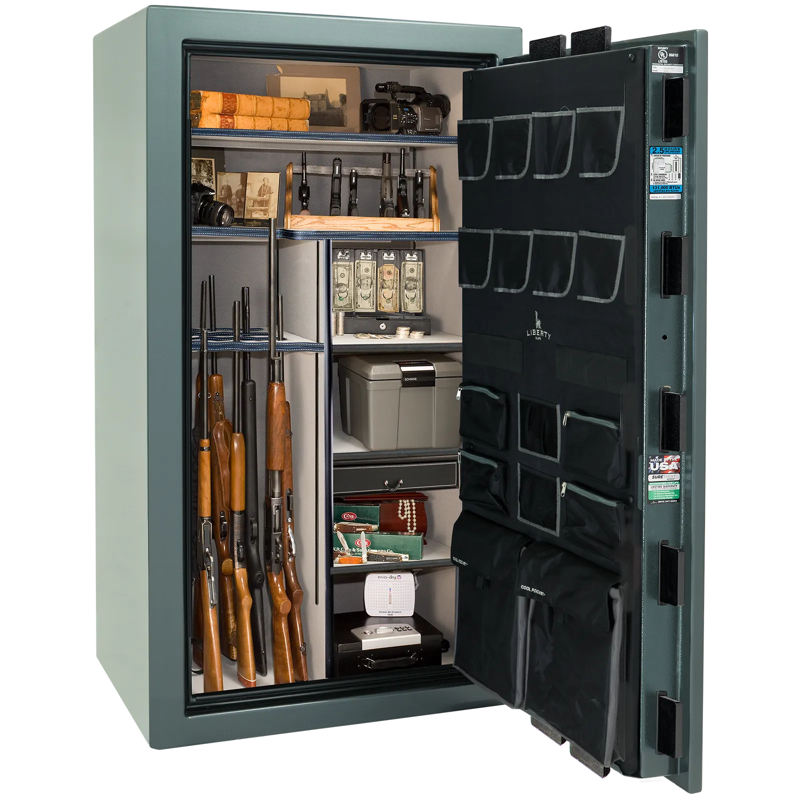 Premium interior of the Liberty Magnum 40 gun safe paired with the Forest Mist gloss finish, featuring adjustable shelving, door organizer, long gun storage, and deluxe interior configuration.