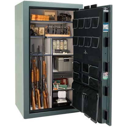 Premium interior of the Liberty Magnum 40 gun safe paired with the Forest Mist gloss finish, featuring adjustable shelving, door organizer, long gun storage, and deluxe interior configuration.