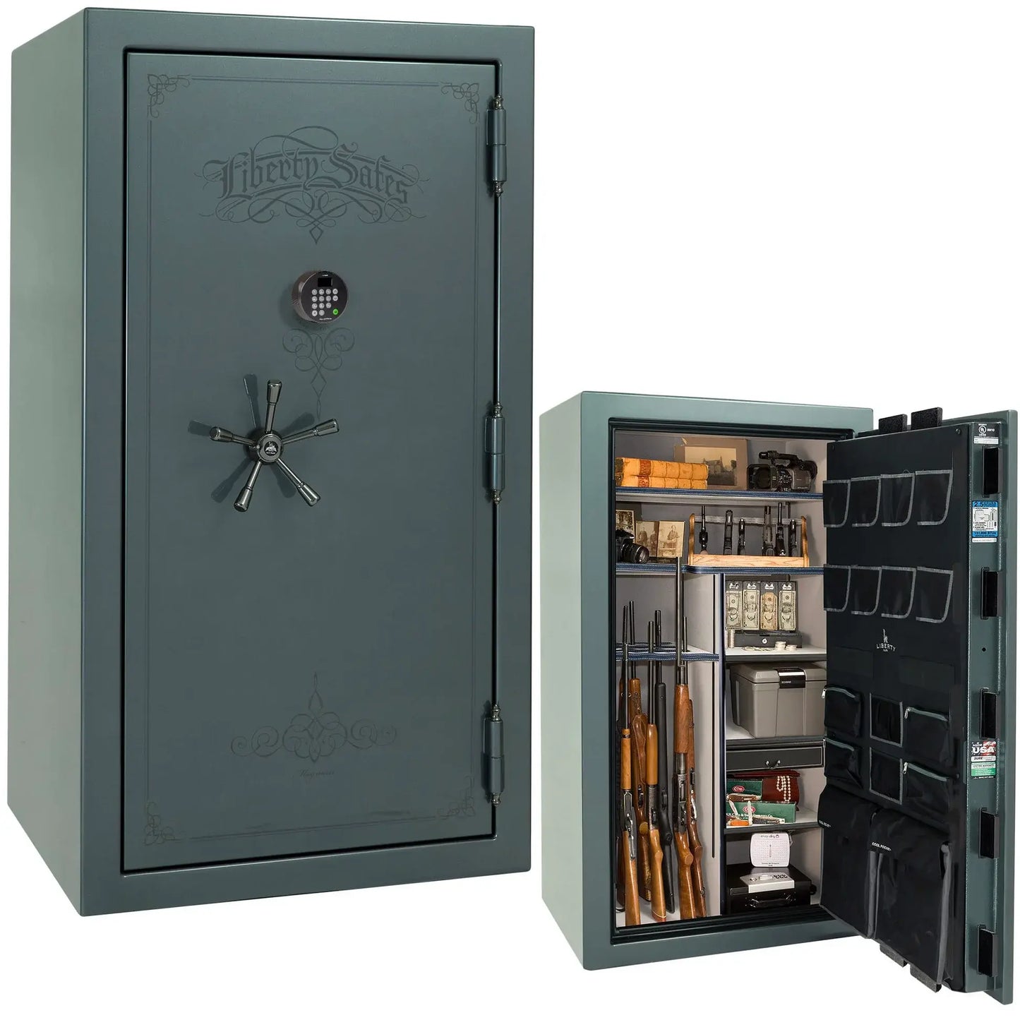 Liberty Magnum 40 gun safe in Forest Mist gloss finish with black chrome hardware and premium interior.