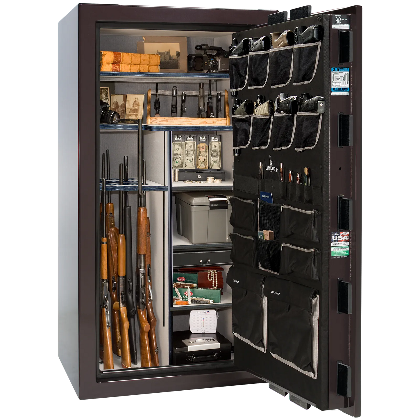Premium interior of the Liberty Magnum 40 gun safe paired with the Black Cherry gloss finish, featuring adjustable shelving, door organizer, long gun storage, and deluxe interior configuration.