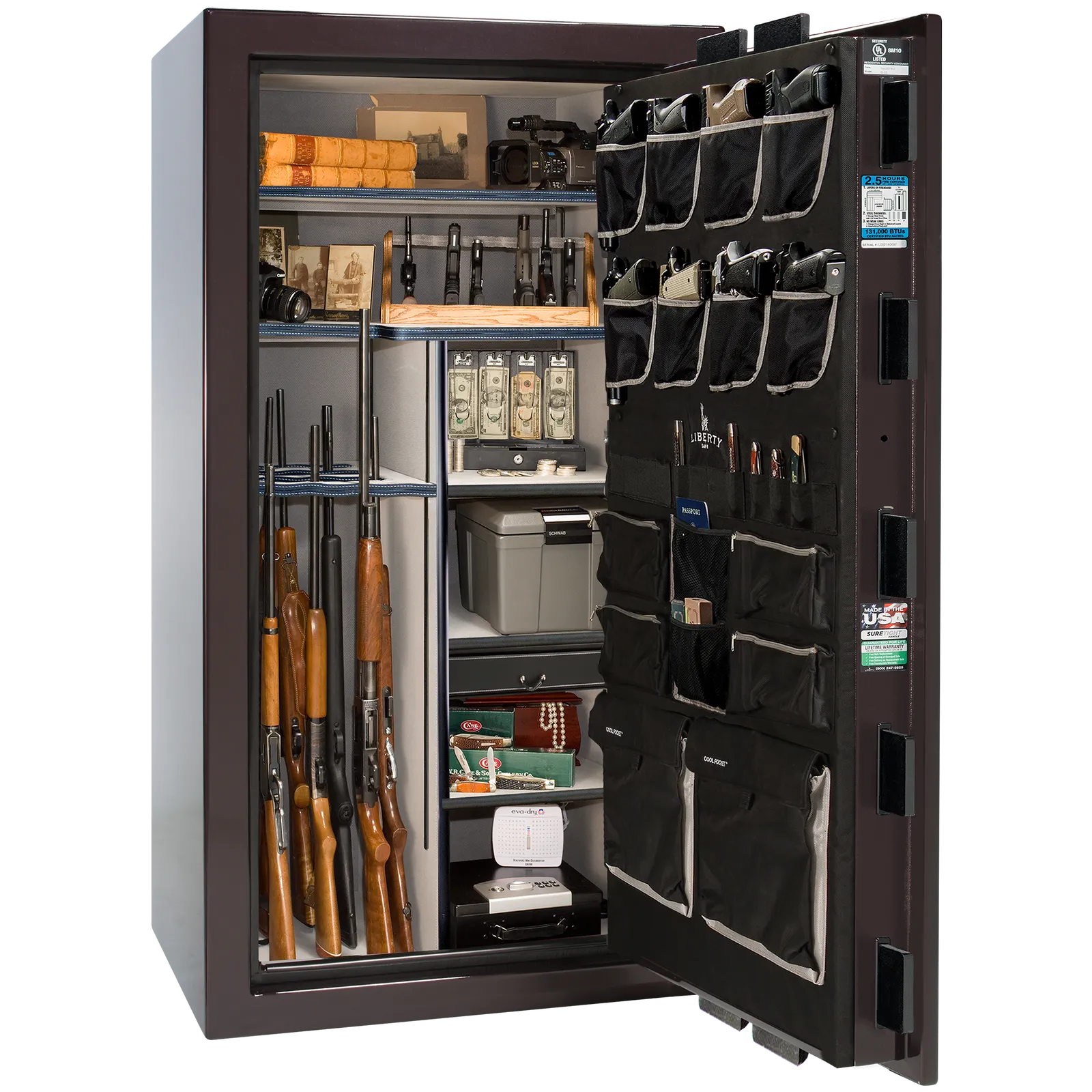 Premium interior of the Liberty Magnum 40 gun safe paired with the Black Cherry gloss finish, featuring adjustable shelving, door organizer, long gun storage, and deluxe interior configuration.