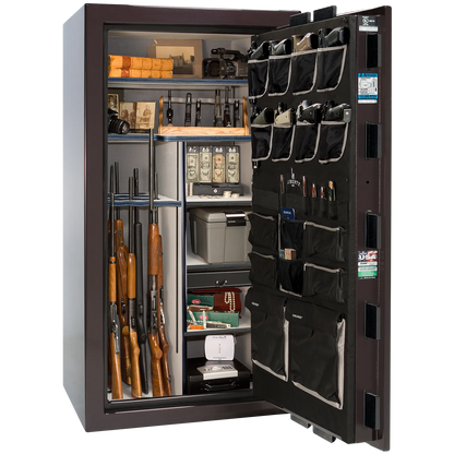 Premium interior of the Liberty Magnum 40 gun safe paired with the Black Cherry gloss finish, featuring adjustable shelving, door organizer, long gun storage, and deluxe interior configuration.
