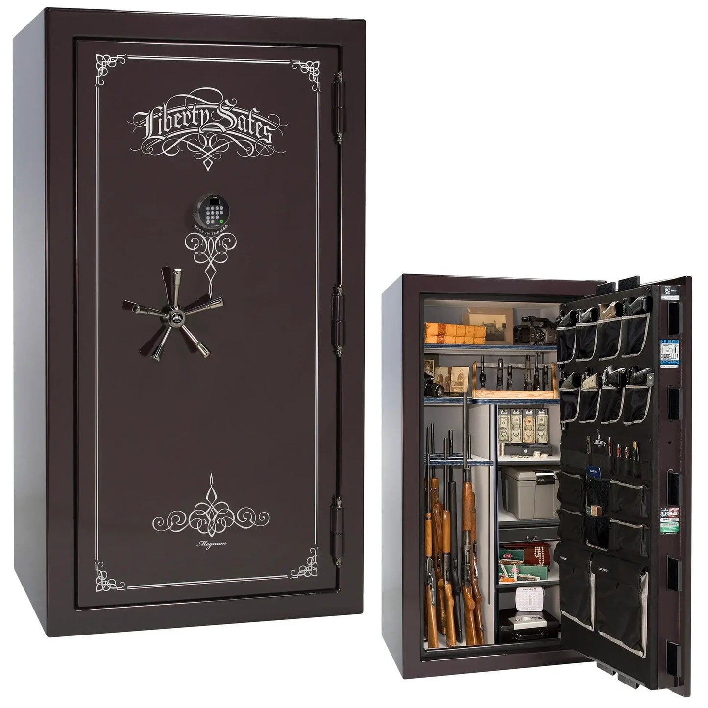 Liberty Magnum 40 gun safe in Black Cherry gloss finish with black chrome hardware and premium interior.
