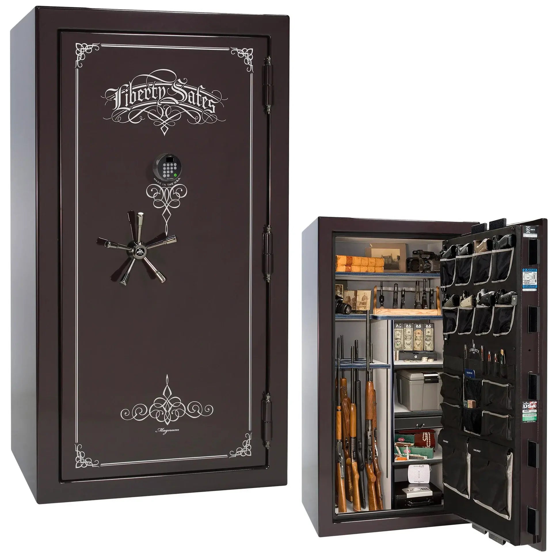 Liberty Magnum 40 gun safe in Black Cherry gloss finish with black chrome hardware and premium interior.