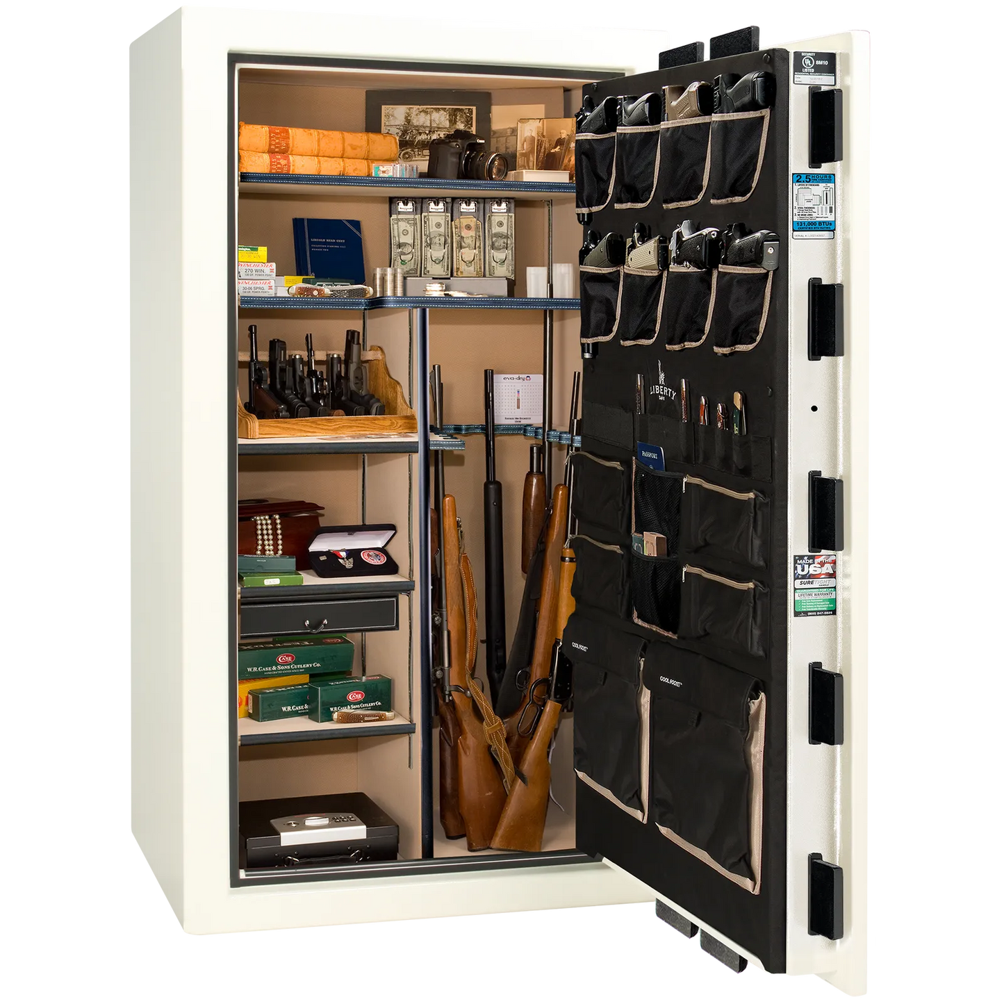 Premium interior of the Liberty Magnum 40 gun safe paired with the White gloss finish, featuring adjustable shelving, door organizer, long gun storage, and deluxe interior configuration.