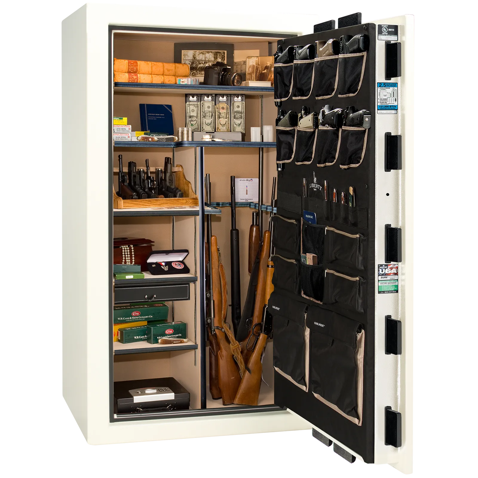 Premium interior of the Liberty Magnum 40 gun safe paired with the White gloss finish, featuring adjustable shelving, door organizer, long gun storage, and deluxe interior configuration.