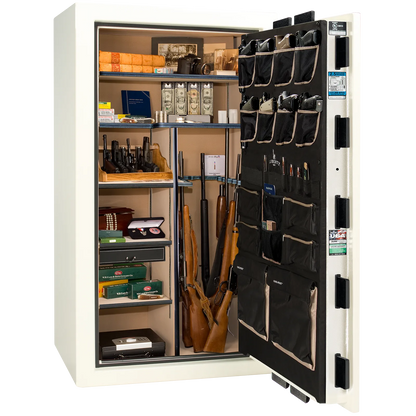 Premium interior of the Liberty Magnum 40 gun safe paired with the White gloss finish, featuring adjustable shelving, door organizer, long gun storage, and deluxe interior configuration.