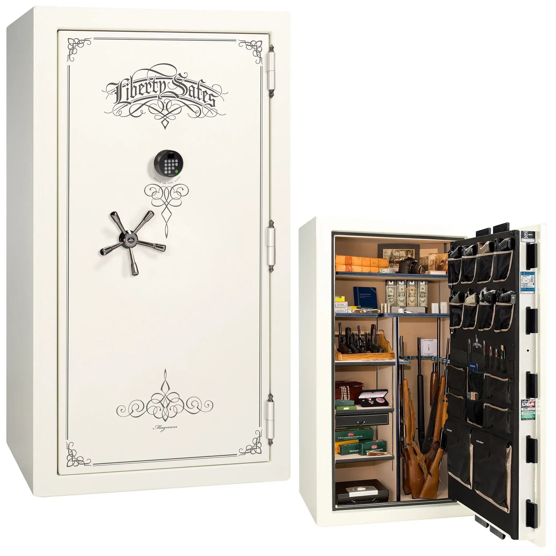 Liberty Magnum 40 gun safe in White gloss finish with black chrome hardware and premium interior.