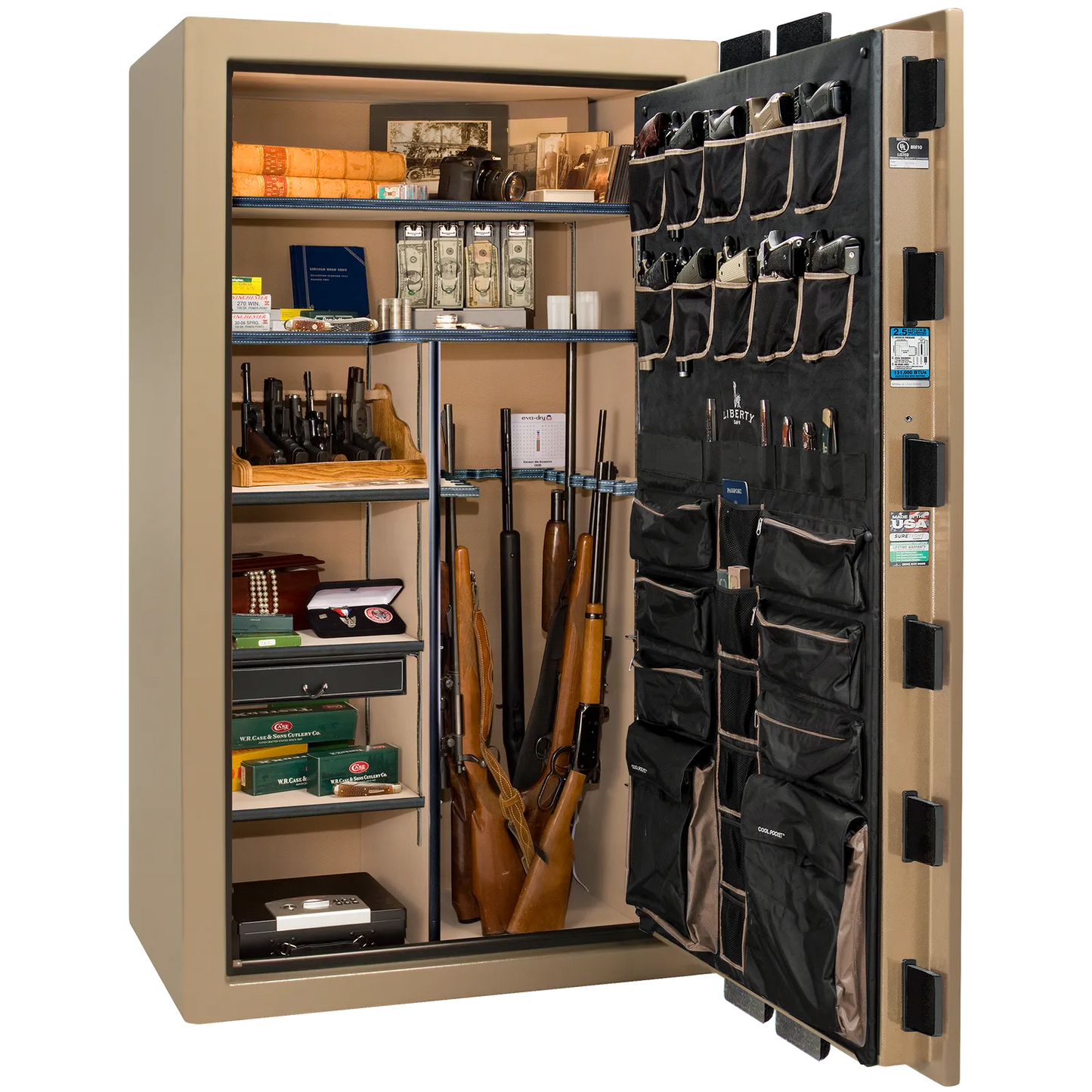 Premium interior of the Liberty Magnum 50 gun safe paired with the Champagne marble finish, featuring adjustable shelving, door organizer, long gun storage, and deluxe interior configuration.